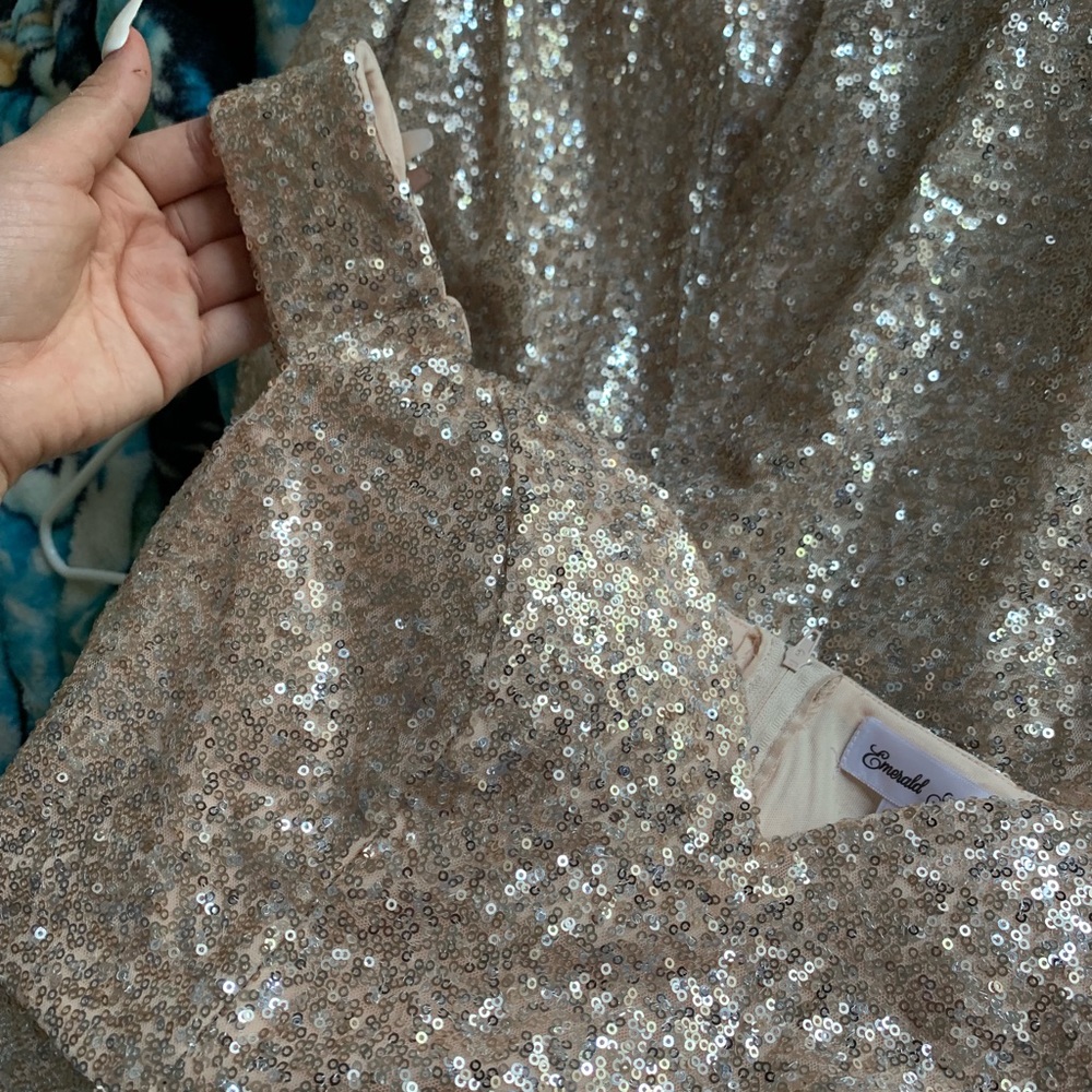 long sequence rose gold off the shoulder dress